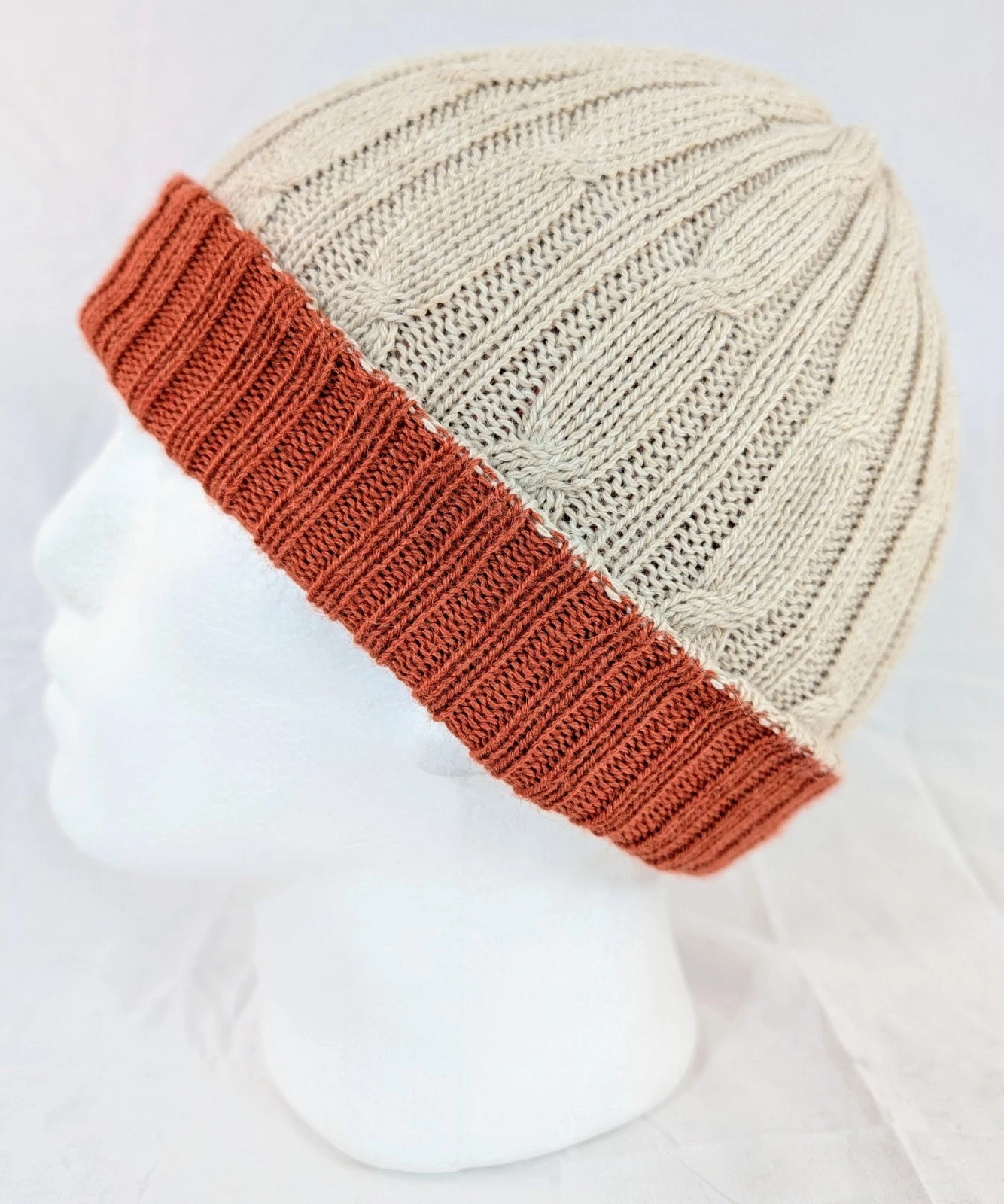 Extra Soft Baby Alpaca Reversible Cable Knit Beanie Beige Orange Handmade