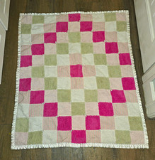 Handmade Baby Quilt Pink Green Chenille Patchwork Satin Trim 42  x 52  