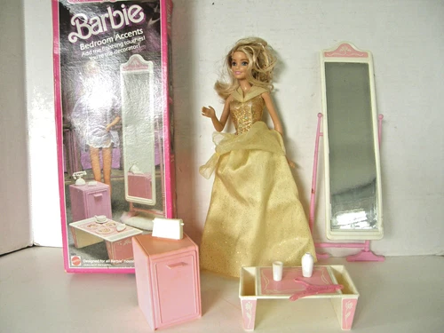 Vintage 1987 Barbie Doll and "Sweet Roses" Bedroom Accents Furniture Set