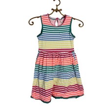 Mini Boden Girls Rainbow Striped Sleeveless Cotton Pom Pom Trim Dress 7-8Y 128cm