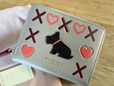 Radley London Scotty Dog XO Genuine Gray Leather Card Holder Wallet Zip Closure