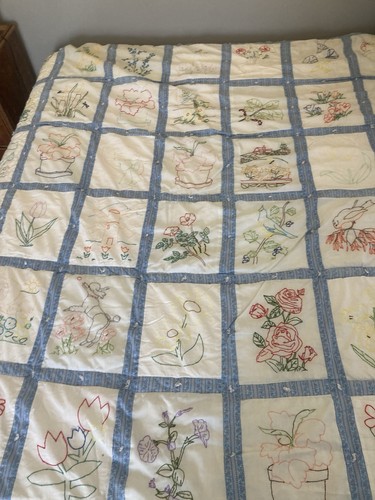Vintage Patchwork Quilt Queen 112" x 98" Farmhouse 70s Handmade Embroidered