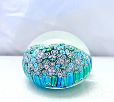 Vintage Murano Millefiori Art Glass Paperweight Close Packed Light Blue & Green