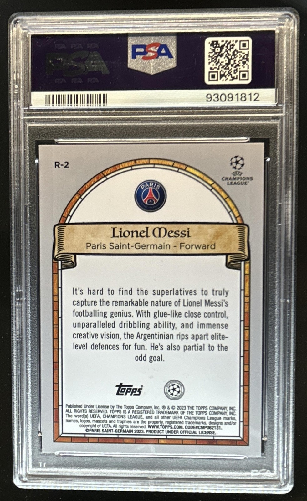 2022-23 Topps Merlin Chrome UEFA Lionel Messi Renaissance #R-2 PSG PSA 10 view 2
