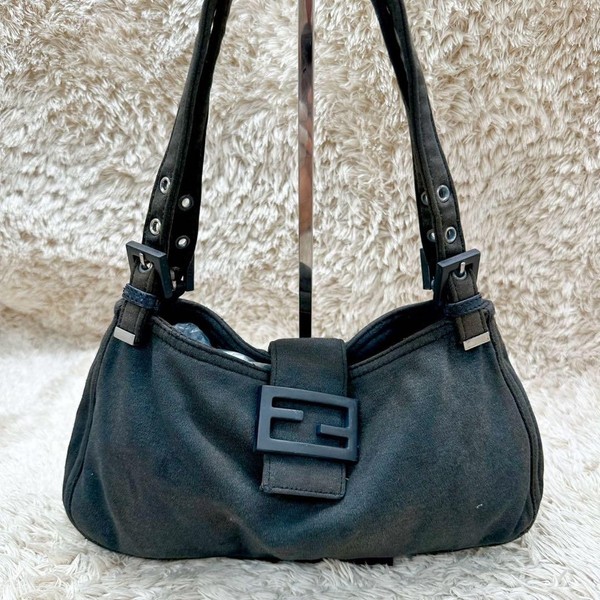 FENDI Mamma Baguette Canvas Gray Shoulder Bag Black FF Buckle Y2K Auth