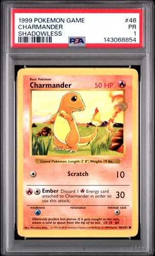 1999 POKEMON GAME SHADOWLESS #46 CHARMANDER PSA 1
