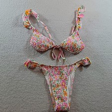 Womens Floral Smocked Ruffle Bikini Set Pink Orange Small Two Piece Coquette