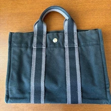 Hermes Canbus Tote Bag S Black Canvas Striped Medium Used