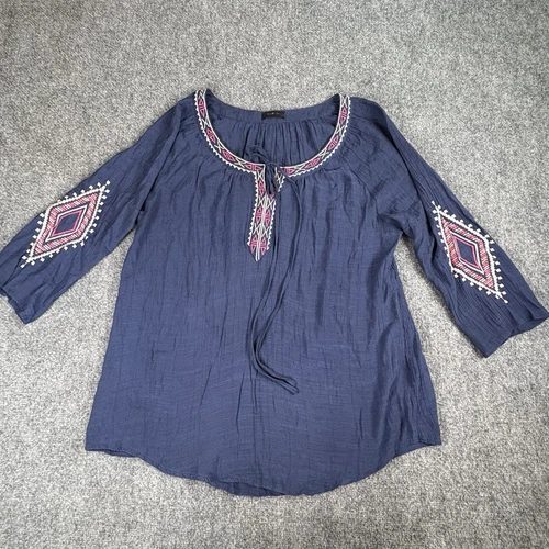 Boho Embroidered Tunic Womens 3XL Navy Crinkle Blouse Festival Southwestern Folk