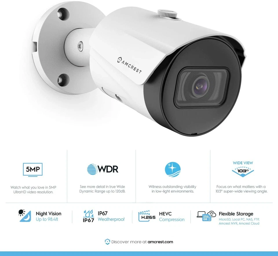 Amcrest 5MP IP5M-B1186EW UltraHD Bullet POE IP Camera Security 1 Year Warranty - Image 2 of 4
