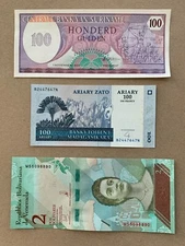 3 Pcs Banknote Lot. Currency Set. Paper Money Madagascar Suriname Venezuela
