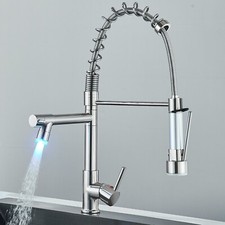 Led Brushed Nickel Kitchen Sink Faucet 1 Hole Pull Down Sprayer Swivel Mixer Tap