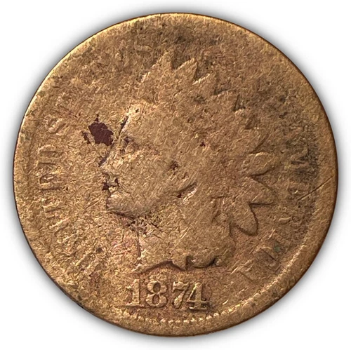 1874 Indian Head Cent Very Good VG Coin, Cleaned #4326