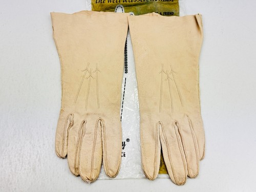 Vintage Womens Short Tan Khaki Leather F-15 Embroidered Stylized Size 7 Gloves - Picture 2 of 14