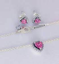 New 100% PANDORA 925 Pink Pave Heart Necklace Earrings Jewlery Gift Set B802601