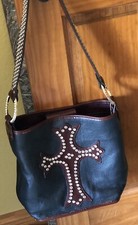Raviani Bucket Bag In Black & Brown Leather Crystal Cross & Straps (usa)