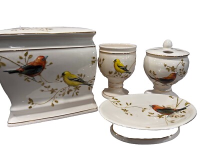 Avanti Linens Bathroom Accessories Set 4 Piece Gilded Birds Floral Ceramic Decor