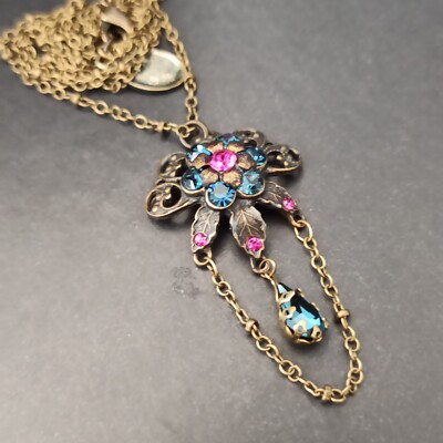 Michal Negrin Necklace Blue Crystal Flower Chain Victorian Revival