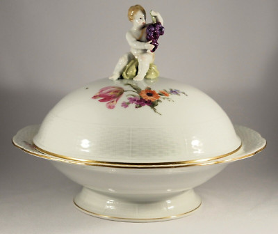 Antique KPM Porcelain Hand Painted Covered Bowl Cherub Finial #B
