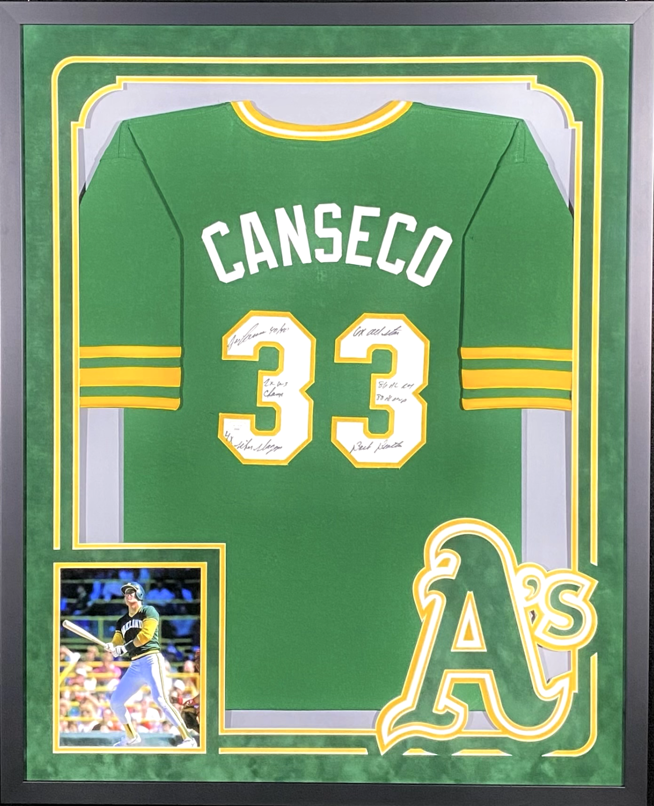 Jose Canseco Autographed Signed Framed Green 7 Stats Jersey JSA Authentication 