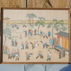 RARE FINE QUALITY ANTIQUE CHINESE 19TH C WATERCOLOUR KUNGFU TRAINING PAINTING