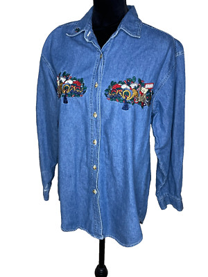 Vintage 90s Bobbie Brooks Denim Christmas Shirt M Embroidered Teddy Bear