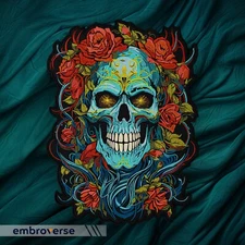 Mystic Skull and Roses Large Back Patch - Embroidered Gothic Floral Iron-On