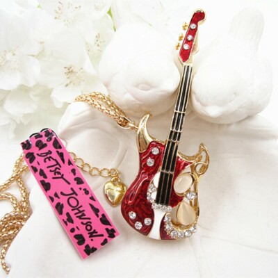 Betsey Johnson Cats Eye Hot Crystal Guitar Gold Pendant Necklace Free Gift Bag