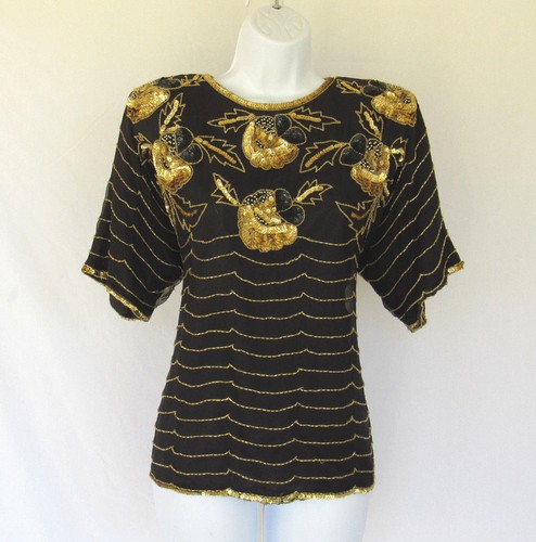 VTG 1980s AVALON BLACK SILK GOLD SEQUIN BEADED TOP SZ LARGE MADE IN INDIA LINED - Bild 5 von 12