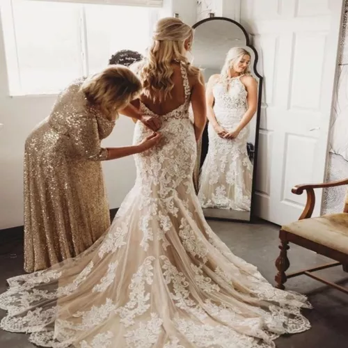 Champagne Mermaid Wedding Dresses Halter Neck Backless Sweep Train Bridal Gowns