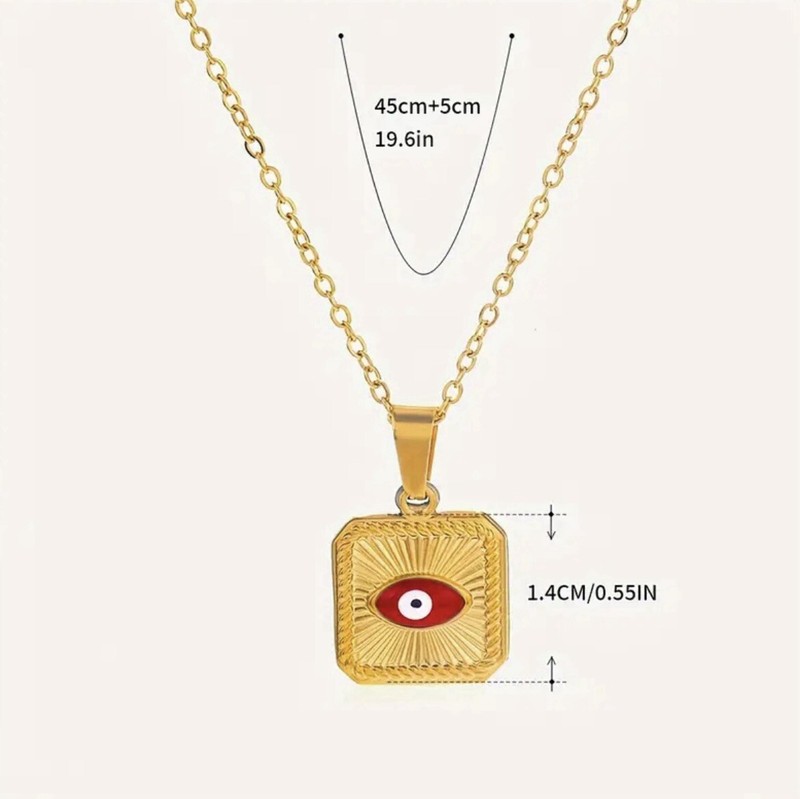 18k Gold Plated Evil Eye Square Pendant Necklace! Red Evil Eye Center! 