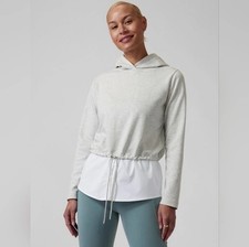 NWOT Athleta Gallery Hoodie Top Pullover Poplin Heathered Grey White Woman s L
