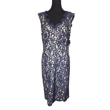 Eliza J Sleeveless Navy Blue Lace Sheath Dress W/ Nude Underlay,Size 10, Elegant