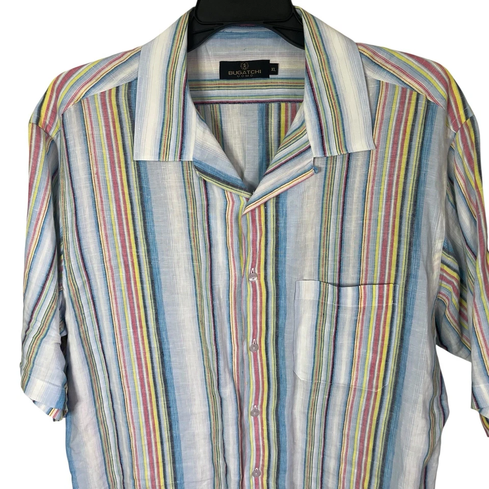 Bugatchi Uomo Shirt Mens XL Multicolor Striped 100% Linen Short Sleeve Button Up - Image 3 of 4