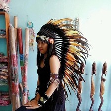 Medium Native Warbonnet Feather Headdress Hat Brown Chicken Carnival Costume