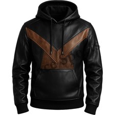 Men's Black Brown Seepskin Leather Hoodie Handmade Genuine Lambskin Jacket