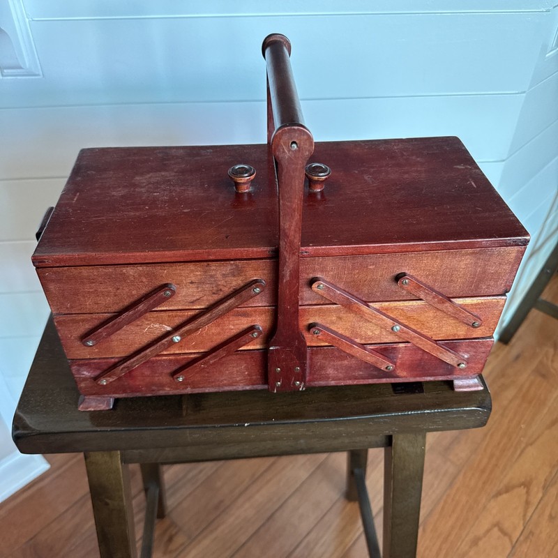 Vintage Wood Sewing Box Expandable Accordion 3 Tier Storage Tray Footed Storage