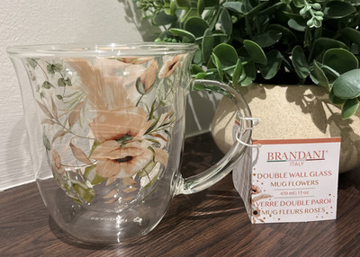 BRANDANI Italien Doppelwandiger Glas Becher Kaffee/Tee 15 Unzen Pfirsich Blumen Rosen Blätter
