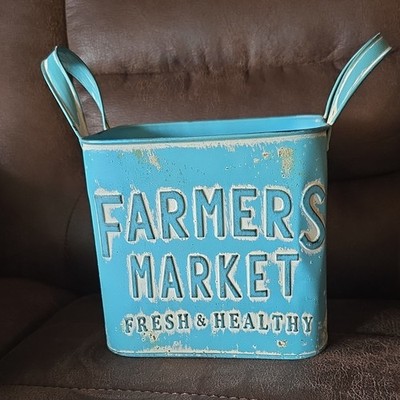 Blue Metal Farmhouse Rectangular Decorative Box with Text Pattern, Medium Size