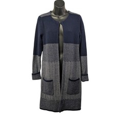 Westport Woman Navy Gray Herringbone Colorblock Long Cardigan Size XS Open Front