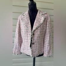 Doncaster Pink Tweed Fringe Trim Silk Blend Blazer Jacket  Classic Chic Size 10