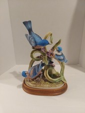 Andrea Family of Blue Birds Bluebird Porcelain Figurine on Wood Base