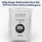 100g Geiger Edelmetalle Silver Bar .999 Fine Silver Schloss Güldengossa Sealed