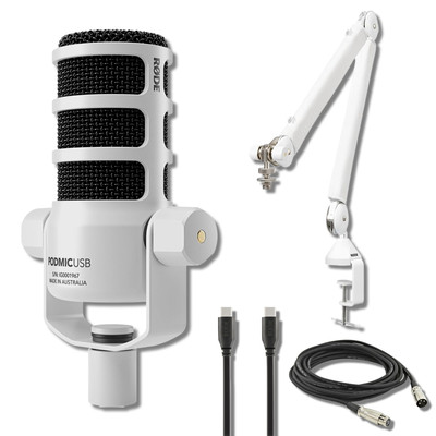 Rode PodMic USB/XLR Broadcast Mic (White) + PSA1+ Boom Arm & XLR Cable