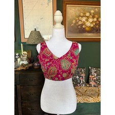 Pink Embroidered Choli Blouse Sleeveless V-Neck Tassel Tie Back Crop Top
