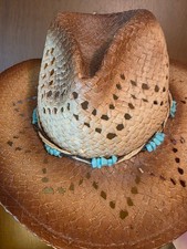 Western Woven Straw Cowboy Hat Turquoise Beaded Band Cutout Design Unisex OS