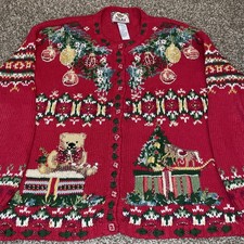 VTG Tiara International Women s Christmas Cardigan Sweater L Beaded Tree Bear
