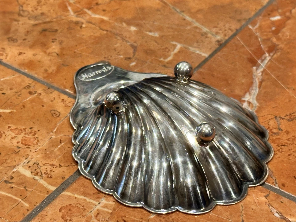 HARROD'S SILVER CLAM SHELL INLAID GLASS FOOTED TRINKET BUTTER CAVIAR DISH EUC - Image 4 of 4