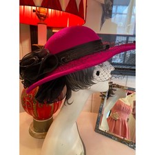 vintage 1980s magenta wool wide brim hat with ruffle Sonni 80s does 40s fashion