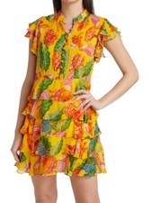 NWT- FARM Rio 'Beaks & Bananas' Printed Ruffle Mini Dress, Yellow Multi - Small